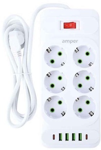 Сетевой фильтр Amper, 6-розеток, 4xUS...